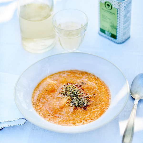 Gazpacho de melon & pesto minute